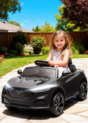 12V Kids Ride On Car, Licensed Ford Mustang Mach-E Electric Car with Remote Control, LED Light, Music, Black