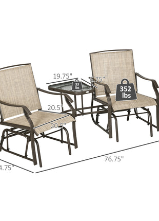 Outdoor Glider Chairs with Coffee Table, Patio 2-Seat Rocking Chair Swing Loveseat with Breathable Sling for Backyard, Garden, and Porch, Light Brown