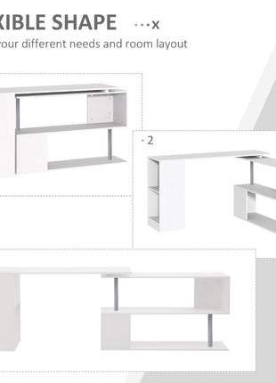 55" 360° Rotating Corner Computer Desk Modern L-Shaped Home Office Workstation with 3-Tier Storage Shelves, Bookshelf, White