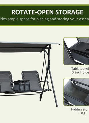 2-Seat Outdoor Porch Swing, with Pivot Storage Table, Cup Holder, & Adjustable Overhead Canopy, Stand's Skid-Resistant Feet Pad, Breathable Mesh Seat, Steel Frame, for Patio, Gray