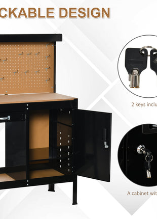 Multipurpose Workbench, Workshop Tool Table with Slide Drawer. Peg Board, Storage Cabinet with Keys