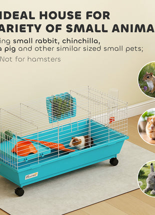 35"L Small Animal Cage, Rolling Bunny Cage, Guinea Pig Cage with Wheels, Food Dish, Water Bottle, Hay Feeder, Blue