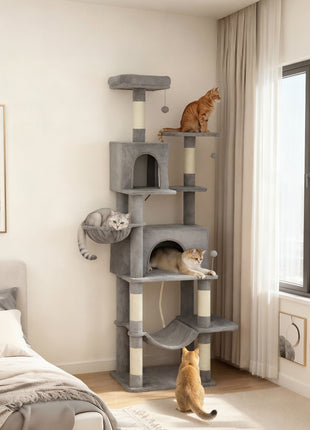 Multi-Level Cat Tower, 80" Tall Cat Tree, with 2 Condos, 2 Hammocks, 6 Sisal Scratching Posts, Dark Gray
