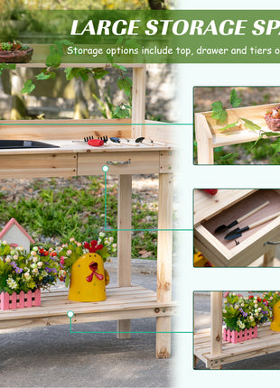 36" Wooden Potting Bench Work Table with 2 Removable Wheels, Garden Workstation with Removable Sink, Drawer & Large Storage Spaces, Natural