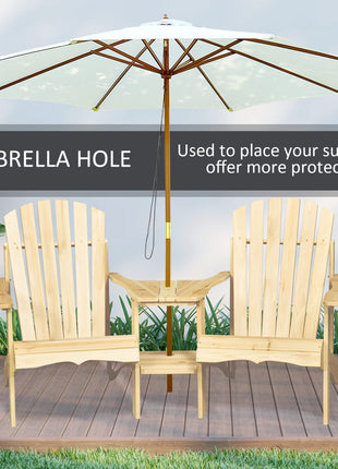 Fire Pit Seating, 2 Wooden Adirondack Chairs with Outdoor Table & Umbrella Hole, Wood 2 Person Adirondack Bench, Natural