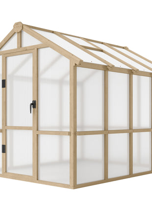 6.6 x 8 ft. Polycarbonate Greenhouse Wooden Walk-in Greenhouse Kit with Thickened Panels, Roof Vent, and Lockable Door