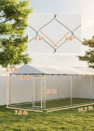 20' x 7.5' x 6.5' Dog Kennel Outdoor for Small Medium Large Dogs with Waterproof Roof, Silver