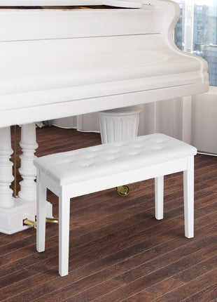 Piano Bench, Duet Piano Chair with Faux Leather Padded Cushion and Wooden Frame, Button Tufted Keyboard Bench, White