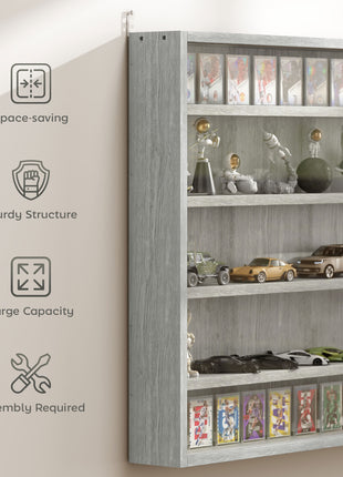 5-Tier Display Cabinet, Wall-Mounted Display Case with 2 Glass Doors and Adjustable Shelves, Gray