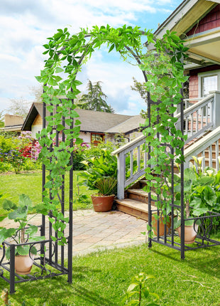 6.7' Steel Garden Arch Arbor with Scrollwork Hearts, Planter Boxes for Climbing Vines, Ceremony, Weddings, Party, Backyard, Lawn, Dark Gray