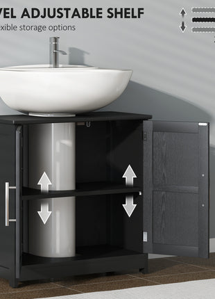 Farmhouse Pedestal Sink Storage Cabinet, Bathroom Sink Cabinet with 2 Barn Doors and Adjustable Shelf, Distressed Black