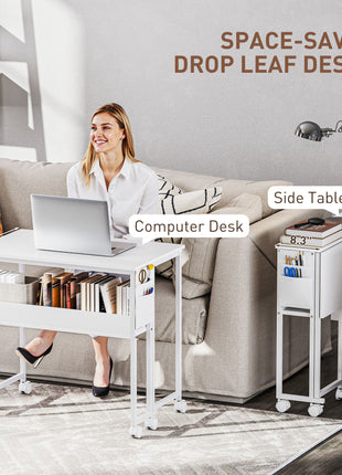 Folding Computer Desk, Foldable Desk with Storage Bag, Shelf and Wheels for Small Spaces, Home Office, White