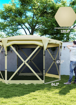 11 x 11ft Pop Up Gazebo Screen Tent with Removable Roof Cover, Roll-up Wind Panels for Camping, Backyard, Beige
