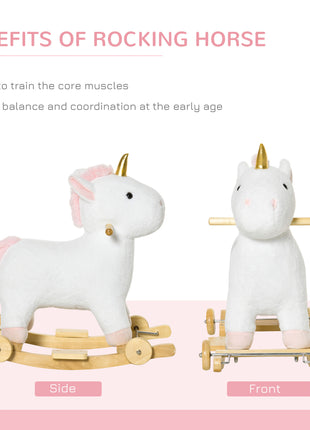 2 in 1 Kids Rocking Horse, Rolling Unicorn with Sound, Wooden Base, Pedal, Grip Handle, for 3-6 Years Old, White