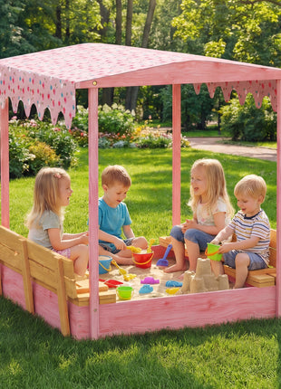 Wooden Sandbox with Cover, Kids Sandbox Outdoor with Seat, Bottom Liner, Canopy for Ages 3-6, Flamingos Print, Pink