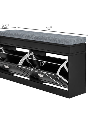 Modern Shoe Storage Bench, Entry Way Bench with Cushion, 2 Drawers, Storage Ottoman Bench, Holds 8 Pairs, Black