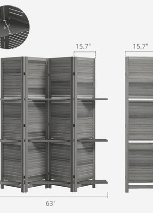 4 Panel 67" Tall Wood Privacy Screen Room Divider with 3 Shelves and Folding Storage for Bedroom, Gray