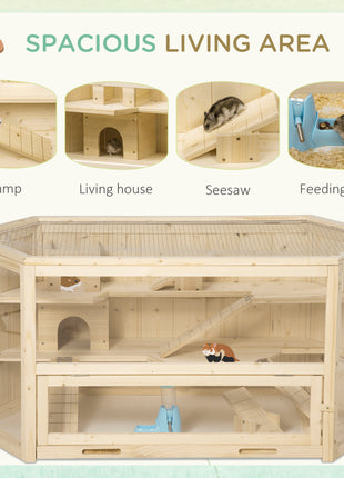Wooden Large Hamster Cage Small Animal Exercise Play House 3 Tier with Tray, Seesaws, Water Bottle, Activity Center, Natural