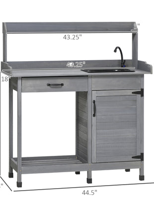 Potting Bench Table with Removable Sink, Outdoor Work Bench Table with Storage Cabinet, Hooks, Faucet and Drawer for Greenhouse, Garden, Patio, Gray