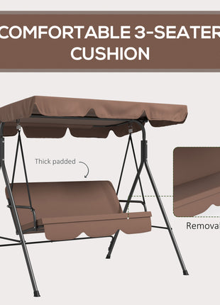 Large Family Swing Set, 3-Seat Adjustable Canopy Swing Bench with Cushion, Steel Frame Stand for Patio, Garden, Family Use, Brown