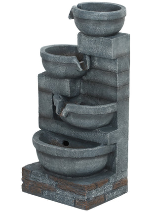 30" Tall Outdoor Waterfall Fountain with LED Lights, 4-Tier Resin Cascading Water Bowls with Pump, Gray