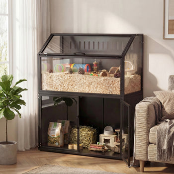 Hamster Cage with Storage Cabinet, Small Animal Cage with Easy View Acrylic Panels and Openable Top, Guinea Pig Habitat