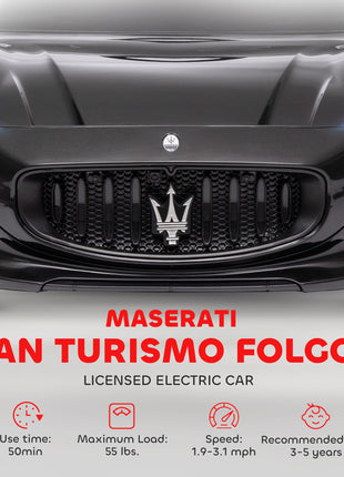 Maserati Gran Turismo Licensed 12V Kids Electric Car w/ Remote Control, Soft Start, LED Lights, Music, Horn, Black