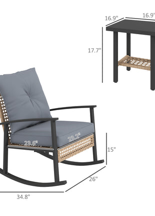 3 Pieces Bistro Set, Patio Wicker Furniture Set with Button Tufted Cushions, Rattan Rocking Chairs, Coffee Table, Gray