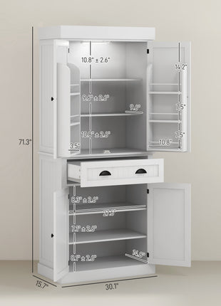 71" Kitchen Pantry Cabinet with LED Lights, 6 Door Shelves, a Drawer and 4 Adjustable Shelves, White