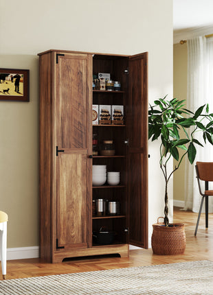 72" Farmhouse Pantry Cabinet, Freestanding Food Pantry Cabinet with Adjustable Shelves, Brown