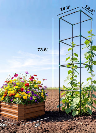 Galvanized Planter Box, 24" x 24" x 73.5" Raised Garden Bed with Tomato Cage for Climbing Vines, Brown