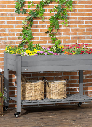 47" x 21" Raised Garden Bed Elevated Wooden Planter Box w/ Lockable Wheels, Storage Shelf for Backyard, Dark Gray