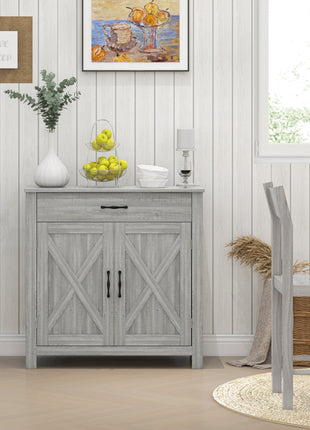 Farmhouse Sideboard Cabinet with Barn Doors Kitchen Buffet Cabinet with Drawer and Adjustable Shelf Stone Gray
