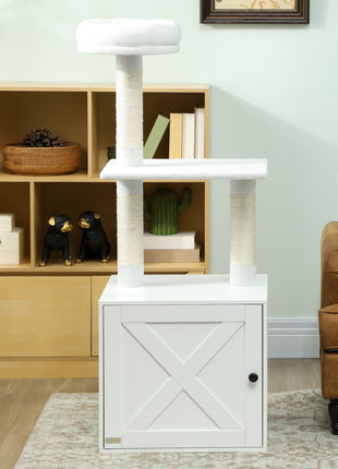 Cat Tree with Litter Box Enclosure, Scratching Posts, Bed, Climbing Platforms for Indoor Cats, White