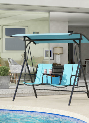 2 Person Porch Swing with Canopy, Storage Table, Cup Holder, Blue