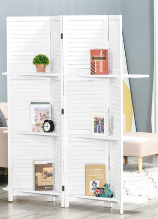 4 Panel 67" Tall Wood Privacy Screen Room Divider with 3 Shelves and Folding Storage for Bedroom, White