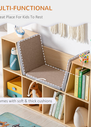 6-Cubby Kids Bookcase with Reading Nook and Cushion, Multi-Purpose Storage Organizer for Bedroom, Living Room, Natural