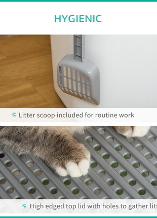 Covered Cat Litter Box, Easy Cleaning Kitty Litter Box with Front Entrance, Top Exit, Scoop, for Odor Control, White