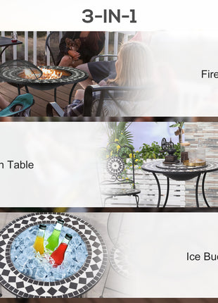 30" Outdoor Fire Pit Dining Table, 3-in-1 Round Wood Burning Fire Pit Bowl, Patio Ice Bucket with Storage Shelf, Spark Screen Cover for BBQ, Bonfire, Camping, Mosaic