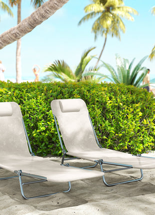 2 Piece Sun Loungers, Folding Chaise Lounge Chairs with Reclining Back, Breathable Mesh Seat, Headrest, Cream White