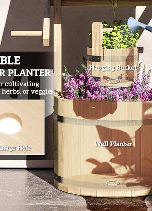 Wood Wishing Well for Outside with Hanging Bucket, Wishing Well Planter with Drain Hole for Garden Patio, Natural