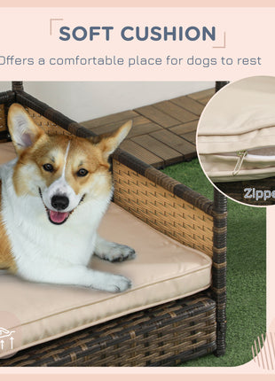 Wicker Dog House with Removable Cushion Lounge, Khaki