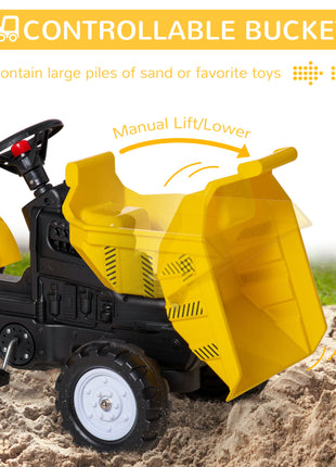 Kids No Power Ride-On Excavator with Manual Control Bucket, Yellow