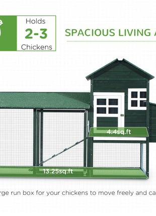 84" Wooden Chicken Coop, Hen House Outdoor with Run Nesting Box, Asphalt Roof, Removable Tray, Ramp, Poultry Cage for 2-3 Chickens, Green