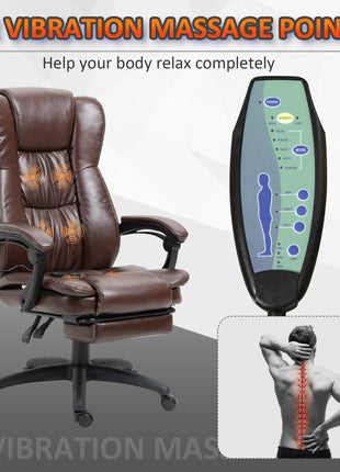 High Back Massage Office Chair with 6-Point Vibration, 5 Modes, Executive Chair, PU Leather Swivel Chair with Reclining Back, and Retractable Footrest, Brown