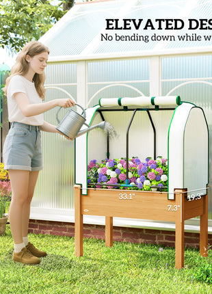 Raised Garden Bed with PE Greenhouse Cover Outdoor Planter Box for Herbs and Vegetables, 35 x 22 x 47 inch, Sand