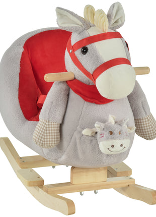 Kids Ride-On Rocking Horse Toy, Rocker with Lullaby Song, Hand Puppets & Soft Plush Fabric for Children 18-36 Months, Gray
