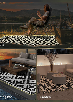 Outdoor Rug Carpet Reversible Plastic Straw Rug with LED Lights Black and White 10' x 8' for Patio