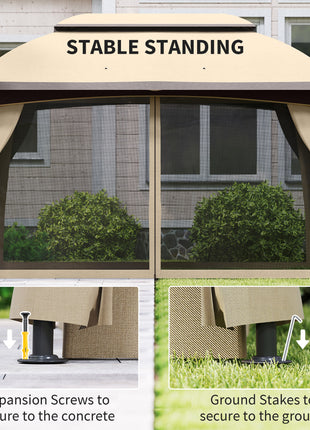 10' x 13' Patio Gazebo, Outdoor Gazebo Canopy Shelter with Netting, Vented Roof for Garden, Beige
