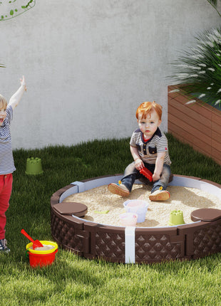 47" Round Kids Sandbox with Cover, 3 Seats, Waterproof Bottom Liner, for Backyard, Lawn, Garden, Beach, Patio, Brown
